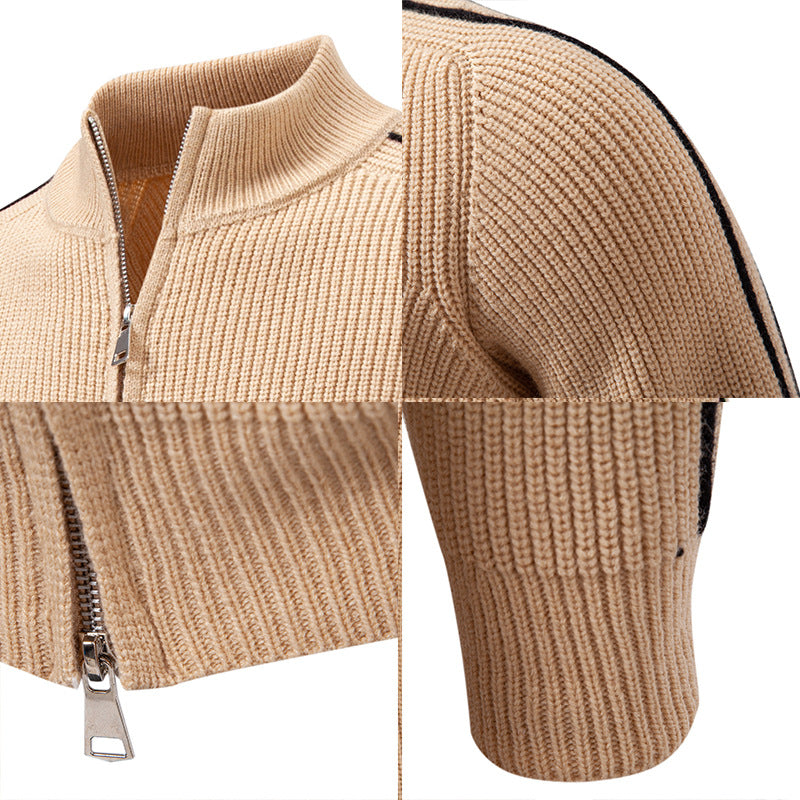 Herren Reißverschluss-Strickjacke mit Stehkragen, strukturierter Rippenoptik und kontraststreifen Nord Taschen