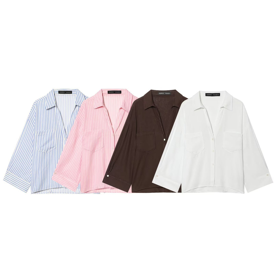 Damen Oversized Hemdbluse aus leichter Baumwollmischung mit Streifenmuster und dreiviertelärmeln Nord Taschen