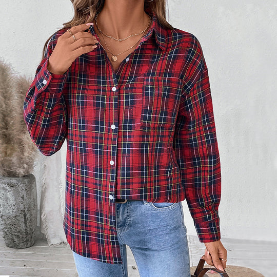 Damen Oversize-Karo-Hemdbluse aus weichem Flanell mit Brusttasche und verlängertem Rückenteil Nord Taschen