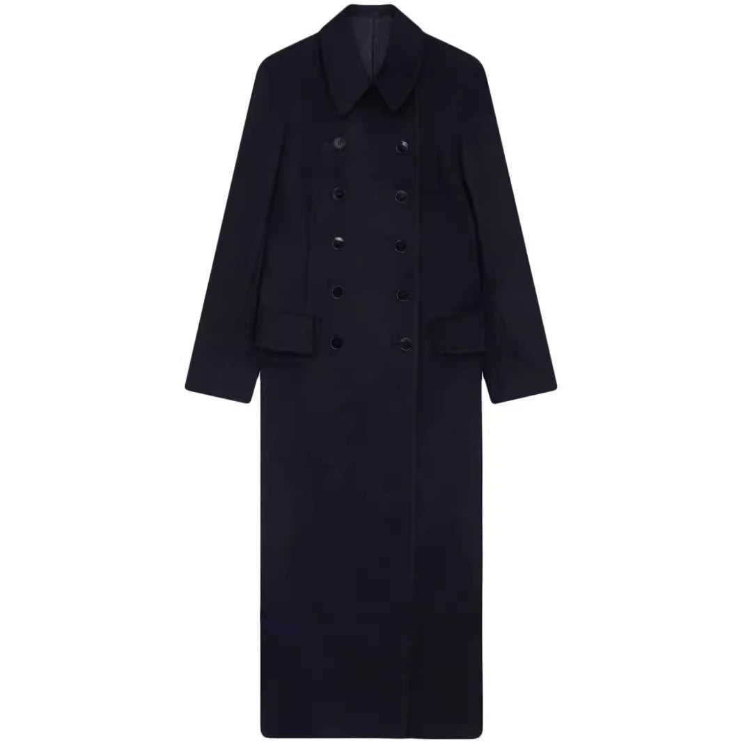 Damen Maximal langer doppelreihiger Wollmantel mit weitem Oversize-Schnitt Nord Taschen