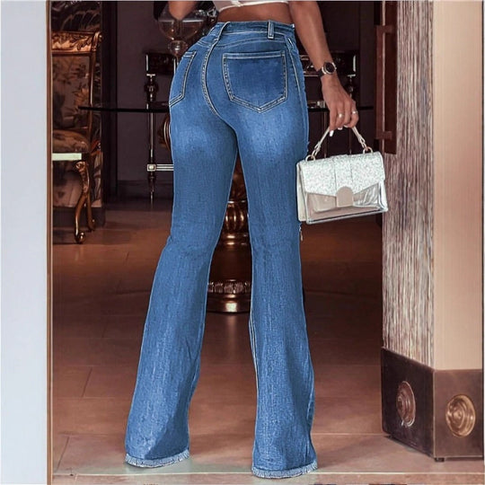 Damen hochgeschnittene Schlaghose aus Stretch-Denim mit ausgestelltem Bein, Knie-Rips und ausgefranstem Saum Nord Taschen