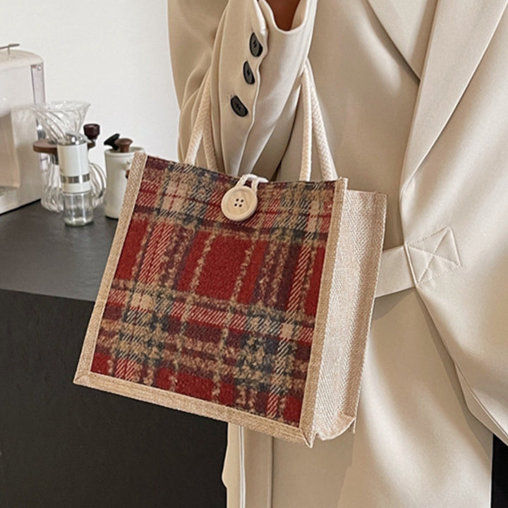 Damen Jute-Shoppingtasche mit modernem Hahnentritt-Muster Nord Taschen