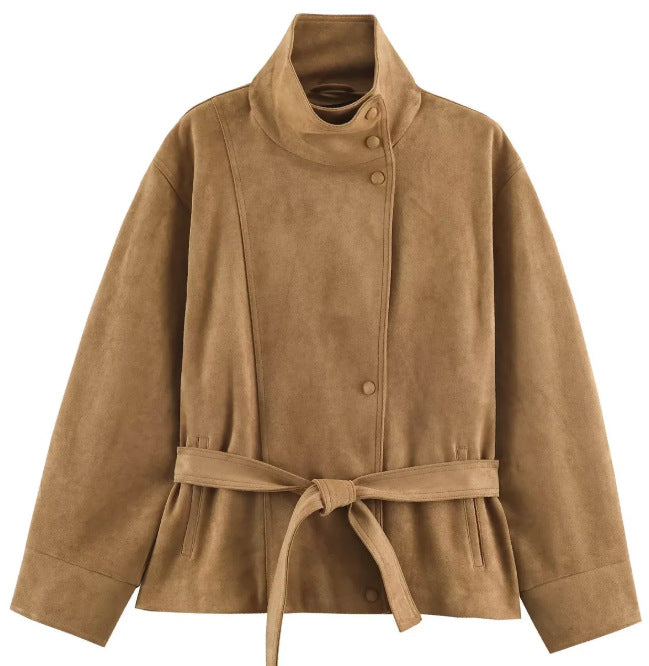 Damen Veloursleder-Optikjacke mit hohem Stehkragen und Taillengürtel Nord Taschen