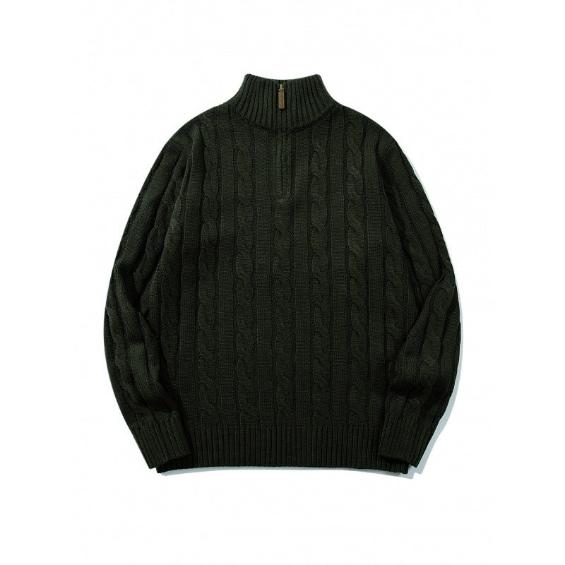Unisex Grobgestrickter Halbreißverschluss-Zopfmuster-Pullover mit Stehkragen und gerippten Abschlüssen Nord Taschen