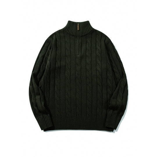 Unisex Grobgestrickter Halbreißverschluss-Zopfmuster-Pullover mit Stehkragen und gerippten Abschlüssen Nord Taschen