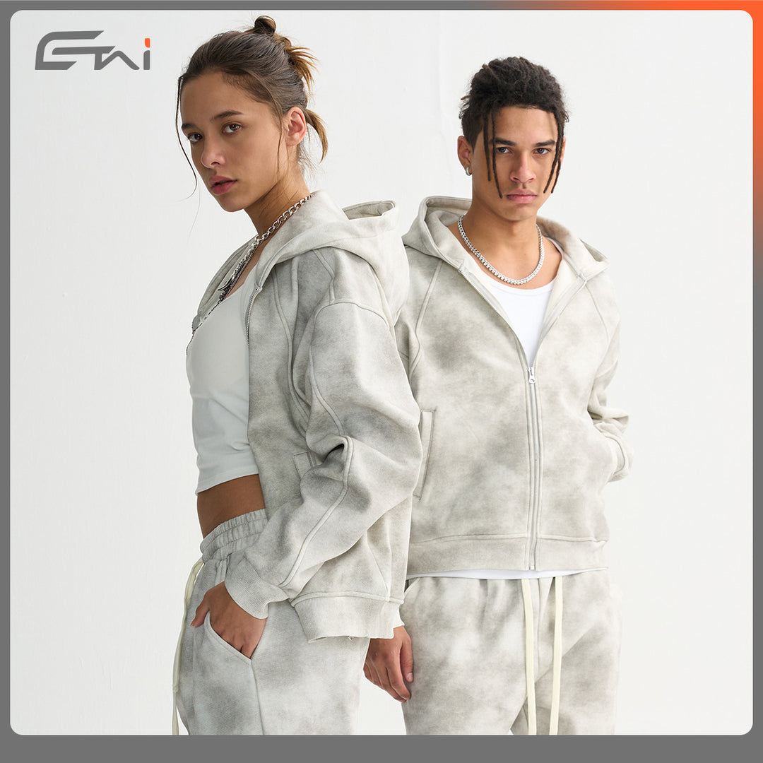 Unisex Boxy-Reißverschluss-Hoodie mit Nebel-Waschung und Raglanärmeln Nord Taschen