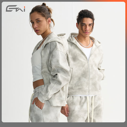 Unisex Boxy-Reißverschluss-Hoodie mit Nebel-Waschung und Raglanärmeln Nord Taschen