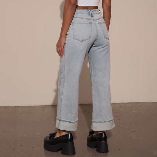 Damen Hochtaillierte weite Jeans mit extra breitem Umschlag Nord Taschen