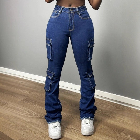 Damen Hochtaillierte Cargo-Jeans mit Mehrfach-Pattentaschen & ausgestelltem Saum Nord Taschen