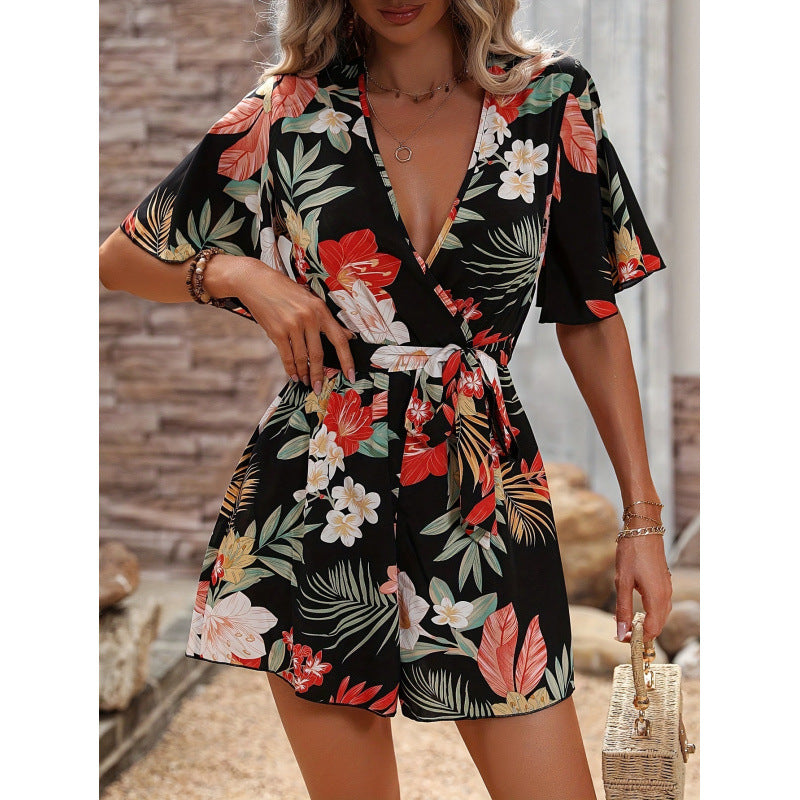 Damen Jumpsuit mit floralem Design und weiten Ärmeln