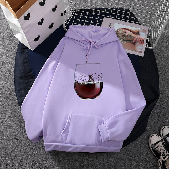 Damen nan lässiger Kapuzenhoodie mit fotorealistischer Weinglas‑Grafik, Kängurutasche und weichem Fleece Nord Taschen