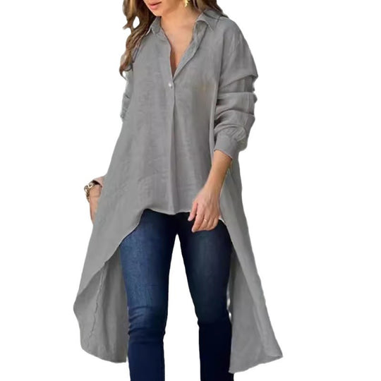 Damen Leichte Leinen‑Tunika‑Bluse mit asymmetrischem High‑Low‑Schwanz und Hemdkragen Nord Taschen