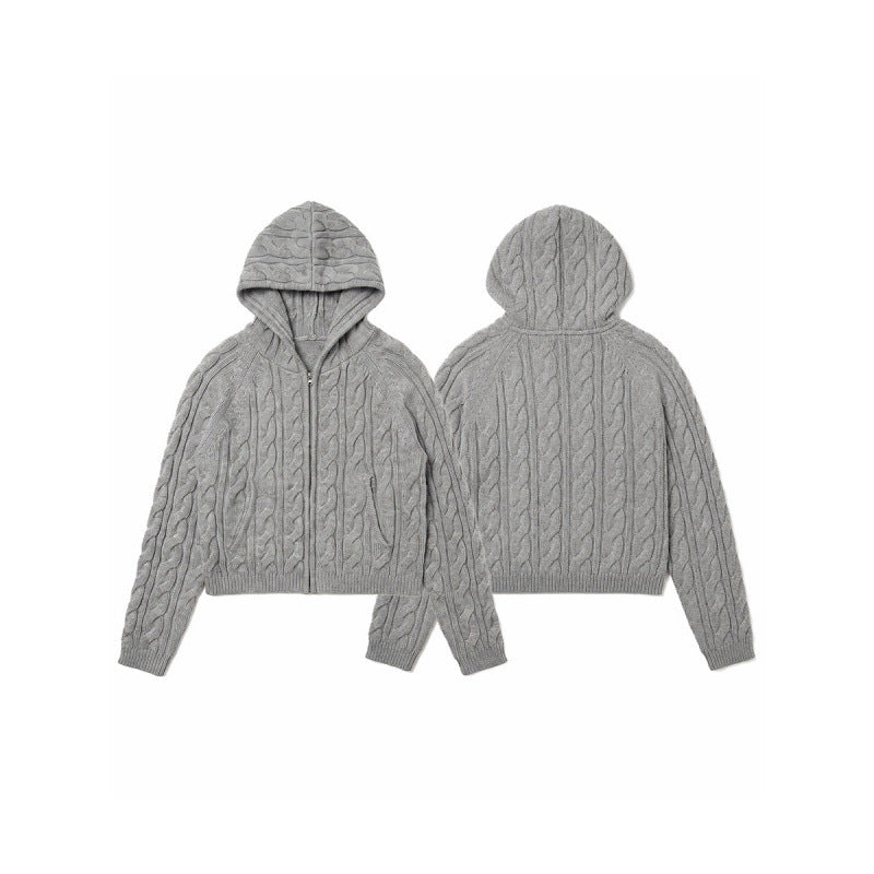 Damen Kapuzen-Zopfstrick-Cardigan mit Reißverschluss und Raglanärmeln Nord Taschen