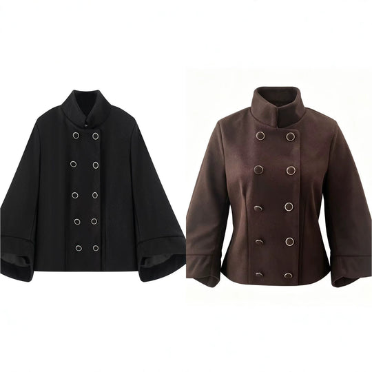 Damen Kurzer Doppelreihiger Wollmix-Mantel mit Stehkragen, Glockenärmeln und Metallknöpfen Nord Taschen