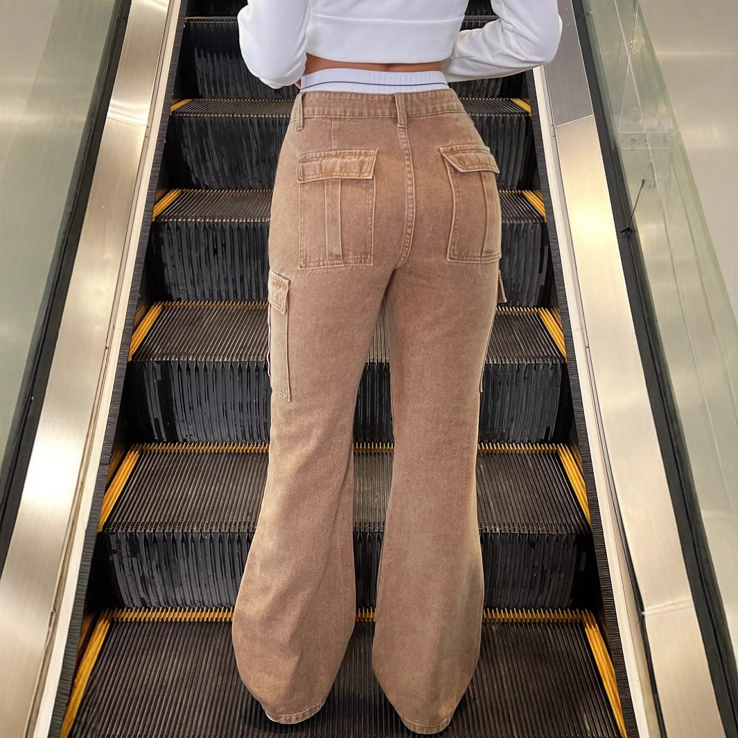 Damen Hochgeschnittene Cargo-Jeans im Flared-Cut mit Tunnelzugbündchen Nord Taschen