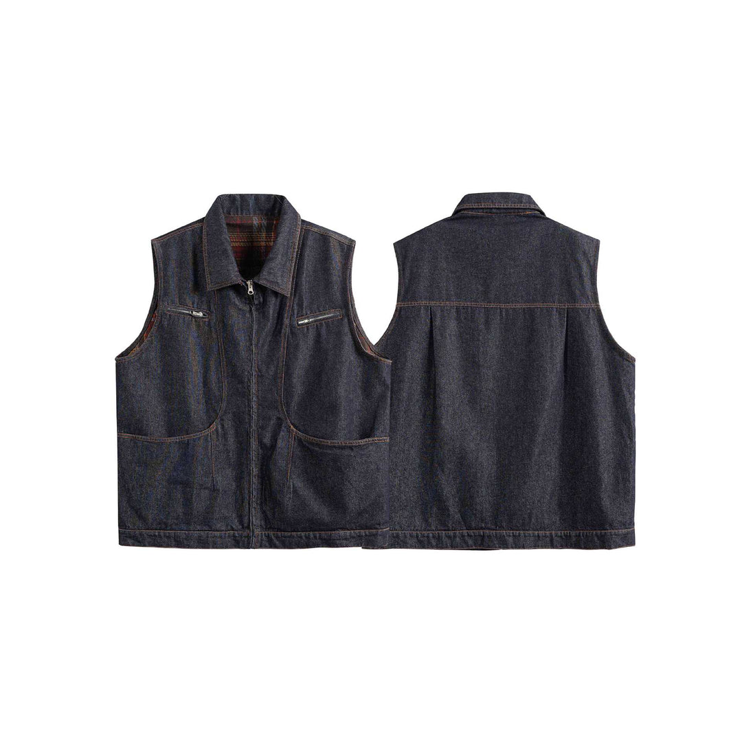 Herren Denim-Weste mit Reißverschluss, großen Pattentaschen und Karofutter Nord Taschen