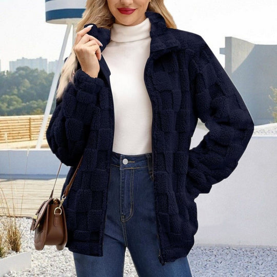 Damen Teddyjacke mit Karo-Struktur, Stehkragen und Reißverschluss Nord Taschen