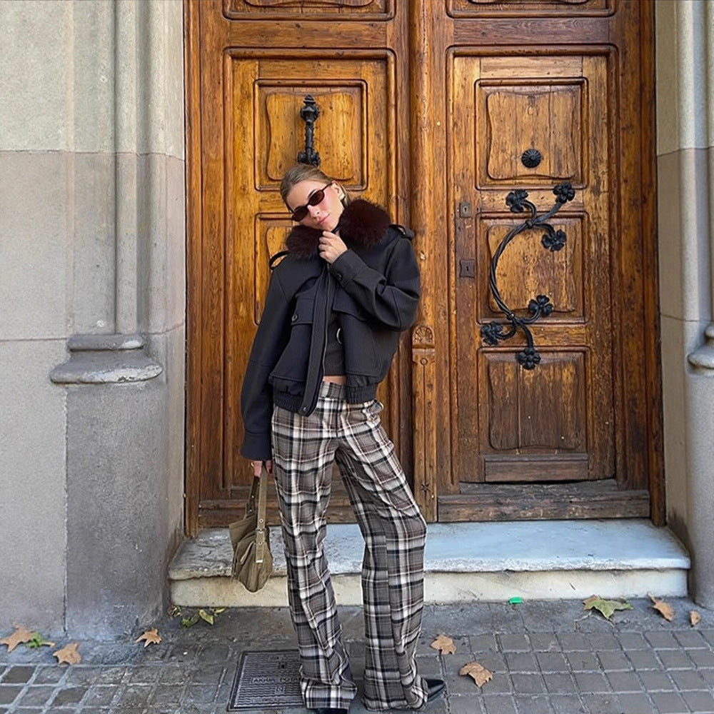 Damen Boxy-Kurzmantel mit voluminösem Fellkragen und Reißverschluss Nord Taschen