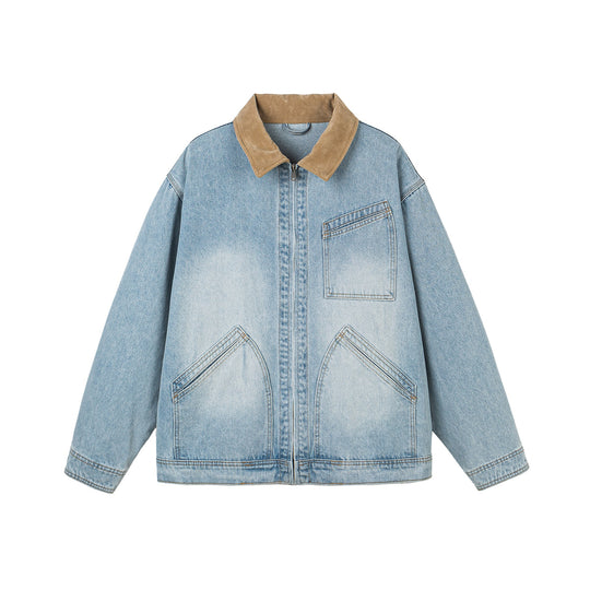 Damen Oversize-Denimjacke mit Velourslederkragen, verdecktem Reißverschluss und markanten Einstecktaschen Nord Taschen