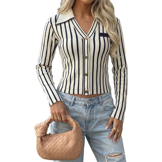 Damen Feinstrick-Cardigan mit Hemdkragen, Knopfleiste und vertikalem Streifenmuster Nord Taschen