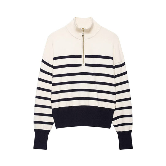 Damen Gestreifter Feinstrick-Pullover mit Stehkragen und Halbzip Nord Taschen