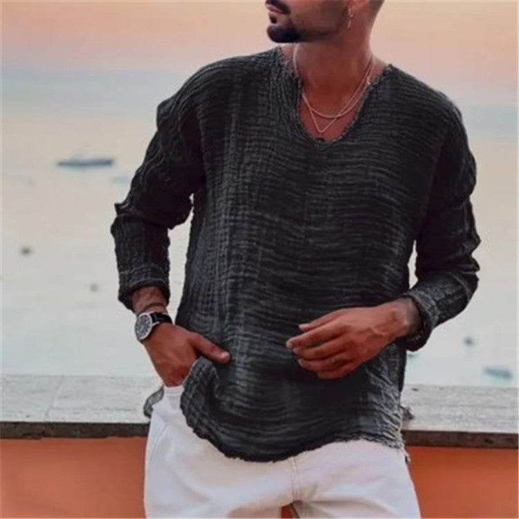 Herren lässiges V-Neck Leinenhemd