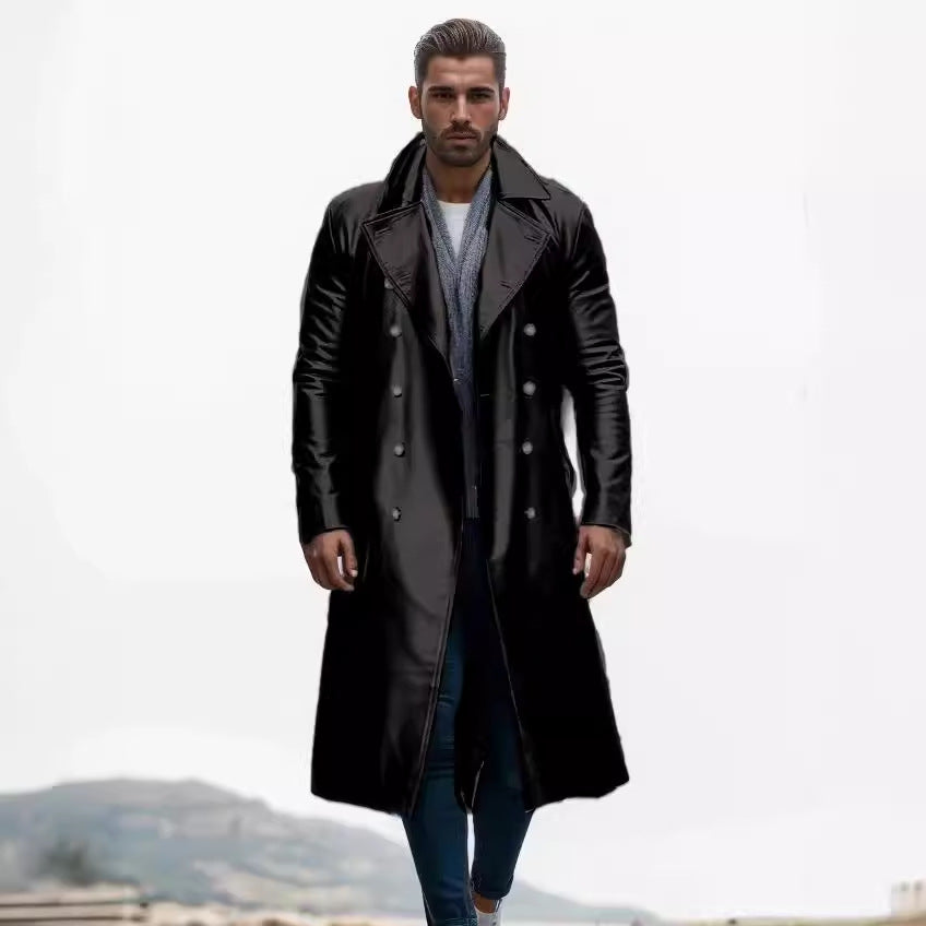 Herren Langer glänzender Kunstleder-Trenchcoat mit Doppelreiher und markantem Revers Nord Taschen