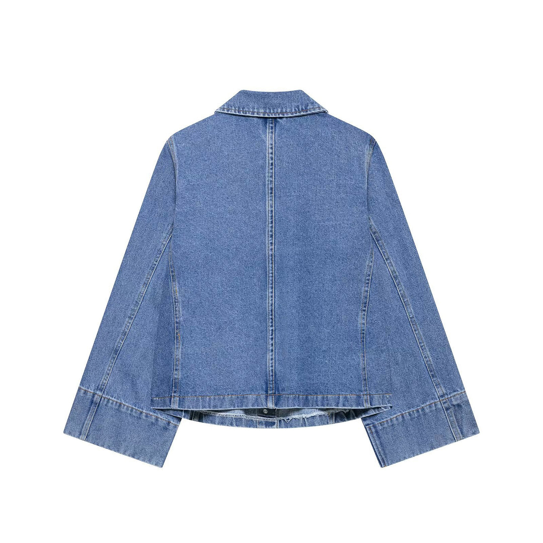 Damen Oversize-Jeansjacke mit Hemdkragen und großen aufgesetzten Taschen Nord Taschen