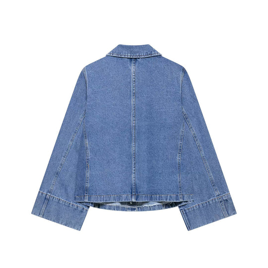Damen Oversize-Jeansjacke mit Hemdkragen und großen aufgesetzten Taschen Nord Taschen