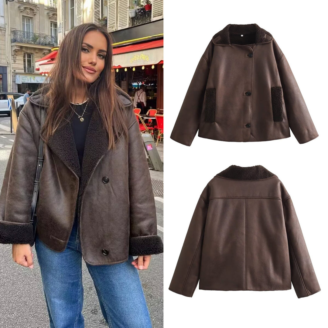 Damen Kurze Lammfelloptik Fliegerjacke mit Teddyfutter und Knopfleiste Nord Taschen