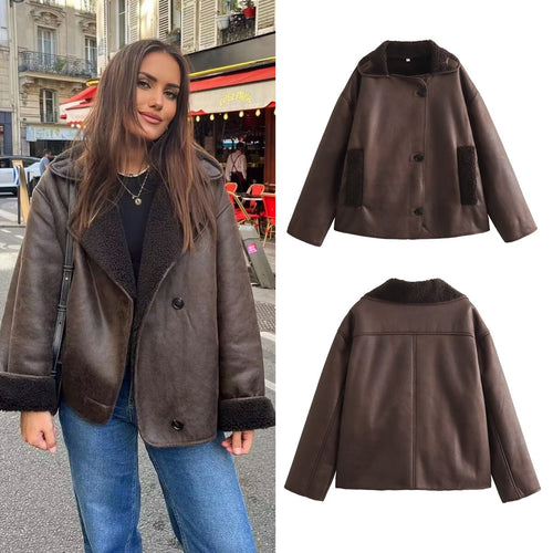 Damen Kurze Lammfelloptik Fliegerjacke mit Teddyfutter und Knopfleiste Nord Taschen