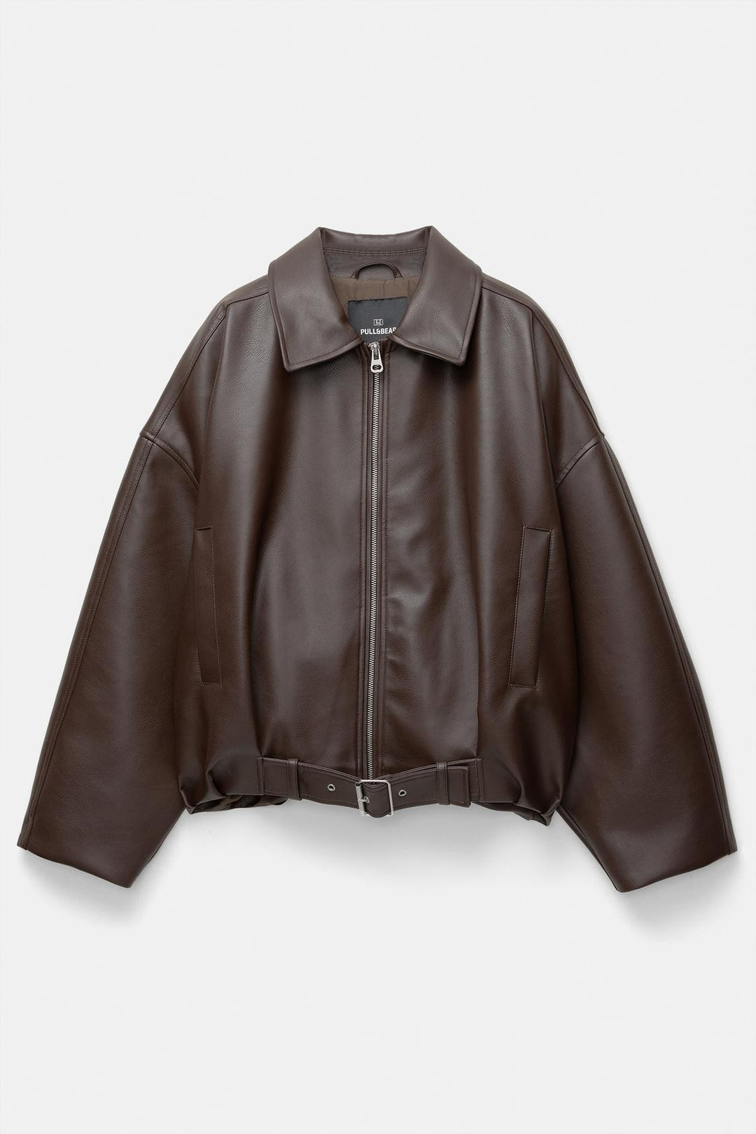 Damen Oversized Lederimitat-Blouson mit Taillengürtel Nord Taschen