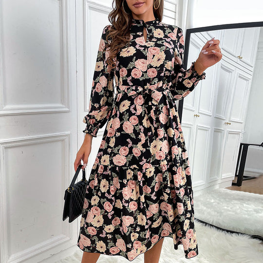 Damen Blumenkleid mit Rüschen und langen Ärmeln Nord Taschen