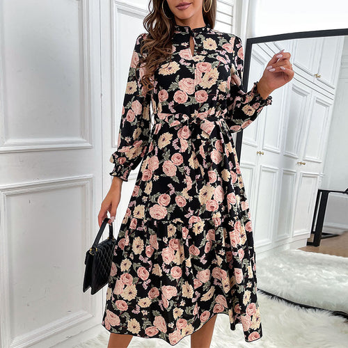 Damen Blumenkleid mit Rüschen und langen Ärmeln Nord Taschen