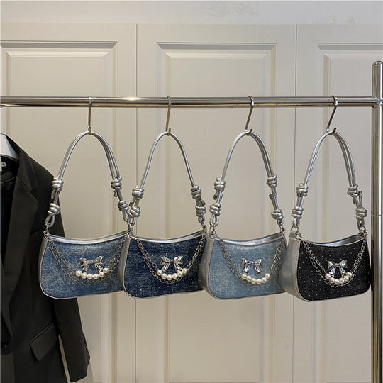 Damen Umhängetasche mit eleganter Perlenverzierung und schimmerndem Kettenakzent Nord Taschen