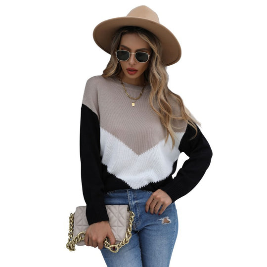 Damen Oversize-Feinstrickpullover mit Chevron-Colorblock und Rundhalsausschnitt Nord Taschen