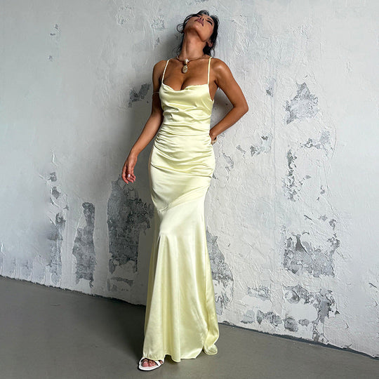 Damen Elegantes Maxikleid aus luxuriösem Satin mit verführerischem V-Ausschnitt