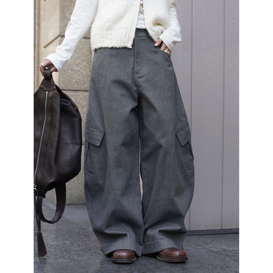Damen Weite Twill-Cargo-Hose im Baggy-Stil mit hoher Bundlinie, Knie-Panels und Umschlagsaum Nord Taschen