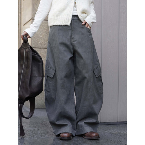 Damen Weite Twill-Cargo-Hose im Baggy-Stil mit hoher Bundlinie, Knie-Panels und Umschlagsaum Nord Taschen