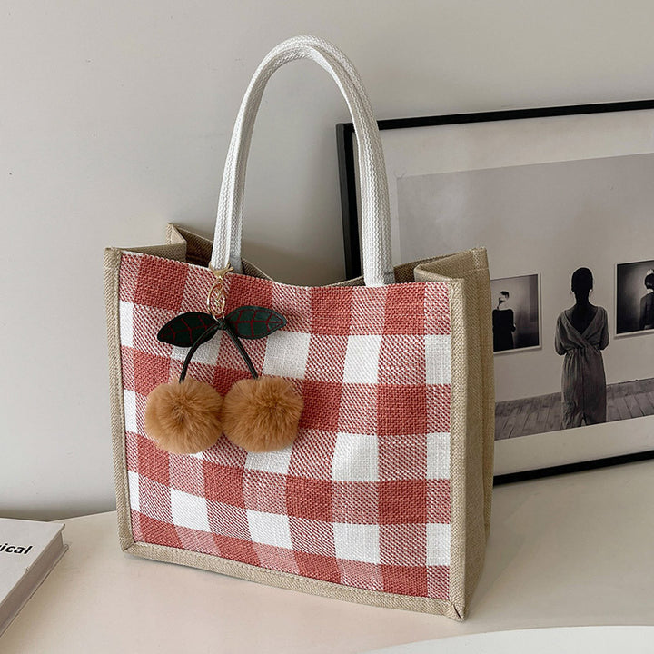 Damen Shopper-Tasche mit kariertem Design und verspielten Pompons Nord Taschen