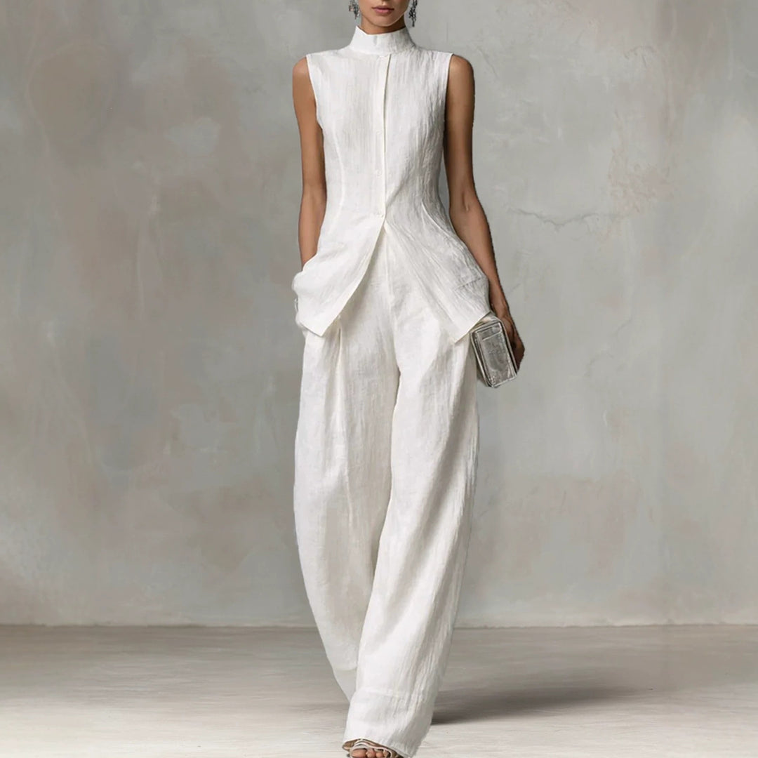 Damen Ärmelloser Leinen-Jumpsuit mit Stehkragen und weitem Bein Nord Taschen