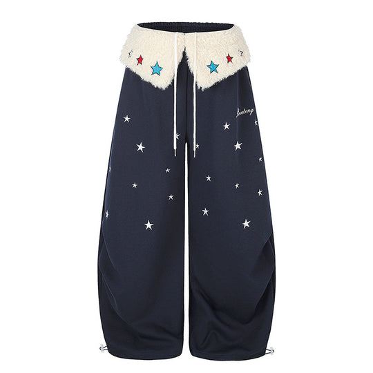 Damen Extraweite Palazzo-Jogginghose mit Teddybund, Kordelzug und Sternstickerei Nord Taschen