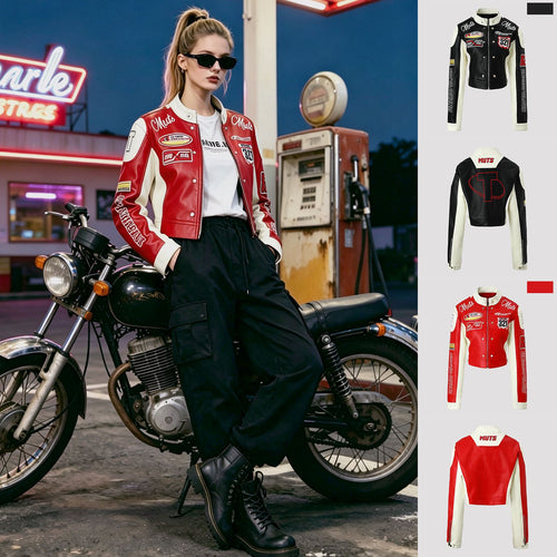 Damen Racer-Bikerjacke im Retro-Motorsport-Look Nord Taschen