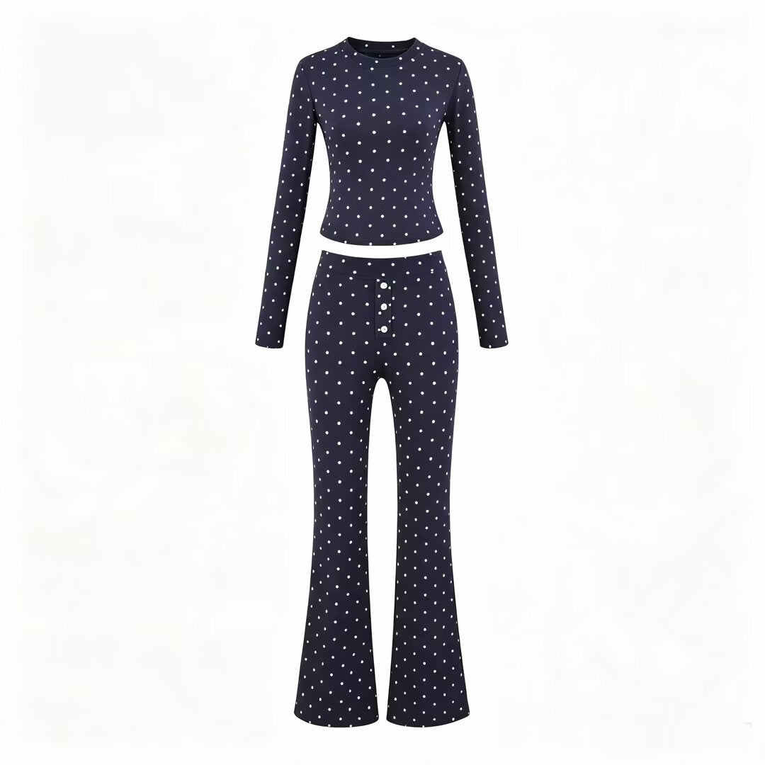 Damen Zweiteiliges Stretch-Jersey Lounge-Set mit Cropped Longsleeve und High‑Waist Schlaghose Nord Taschen