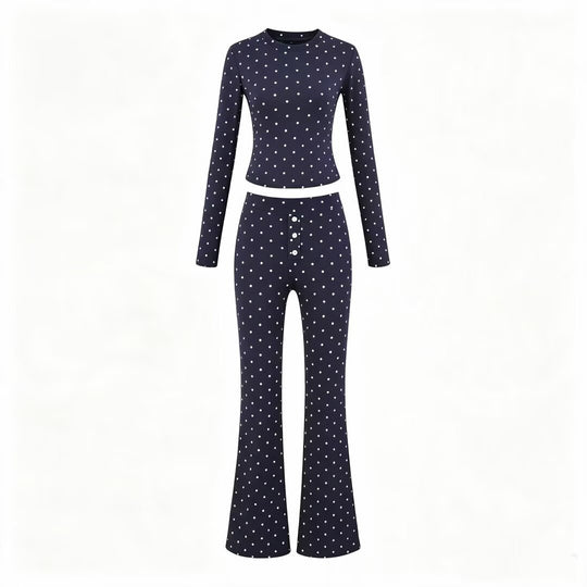 Damen Zweiteiliges Stretch-Jersey Lounge-Set mit Cropped Longsleeve und High‑Waist Schlaghose Nord Taschen