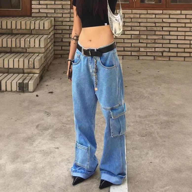Damen Extraweite Baggy-Jeans mit Cargo-Patches und tiefem Bund Nord Taschen