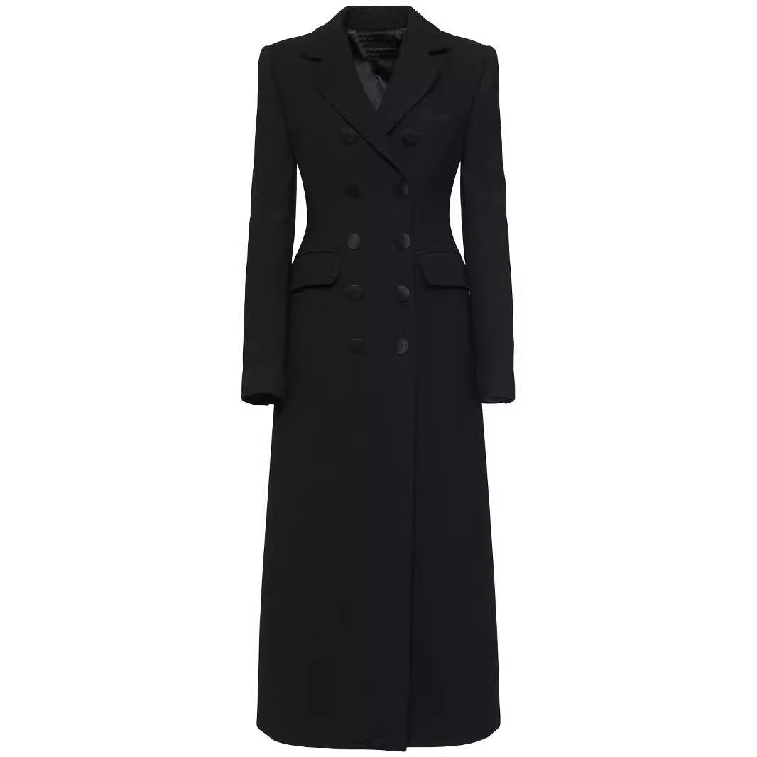 Damen Doppelreihiges tailliertes Blazerkleid mit Maxi‑Länge und Pattentaschen Nord Taschen