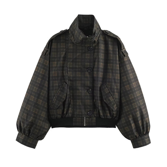 Damen Karierter Cropped‑Bomber mit weitem Ballonärmeln und hohem Stehkragen Nord Taschen