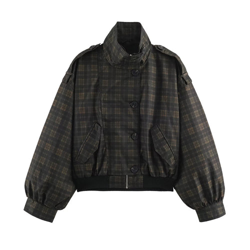 Damen Karierter Cropped‑Bomber mit weitem Ballonärmeln und hohem Stehkragen Nord Taschen