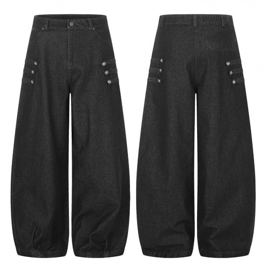 Damen Taillehohe Ballon-Jeanshose mit weitem Bein, Knopfdetail und elastischem Saum Nord Taschen